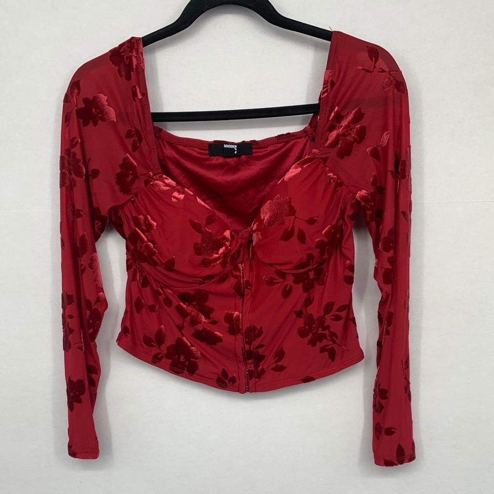 Madden NYC Red Velvet Floral Mesh Corset Top Romantic Goth Holiday M